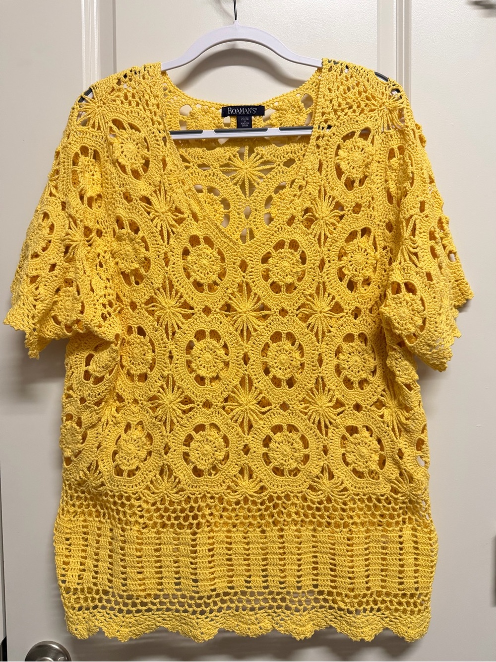 Roaman's Bright Yellow Crochet V-Neck Top